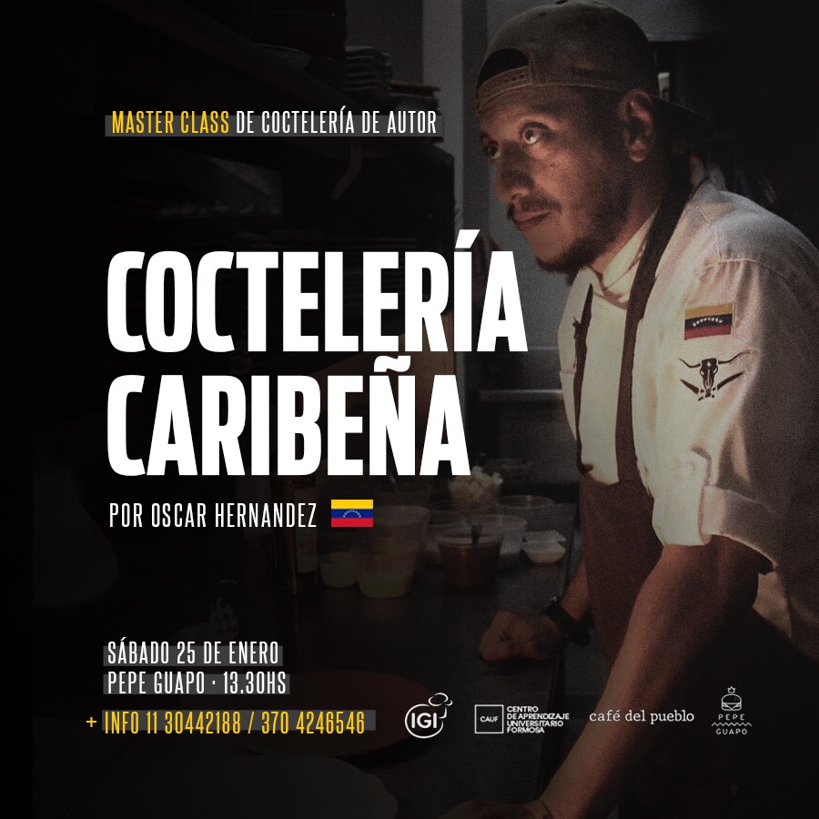 Afiche original de la masterclass de coctelería caribeña por Oscar Hernández, sábado 25 de enero en Pepe Guapo